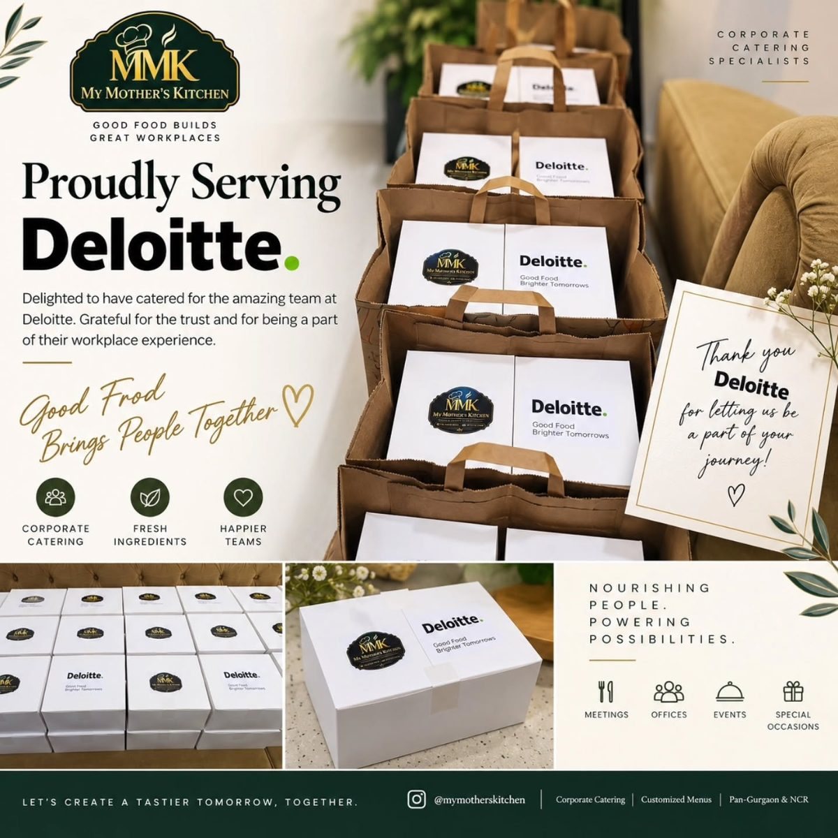 Proudly serving Deloitte — branded packed meal boxes